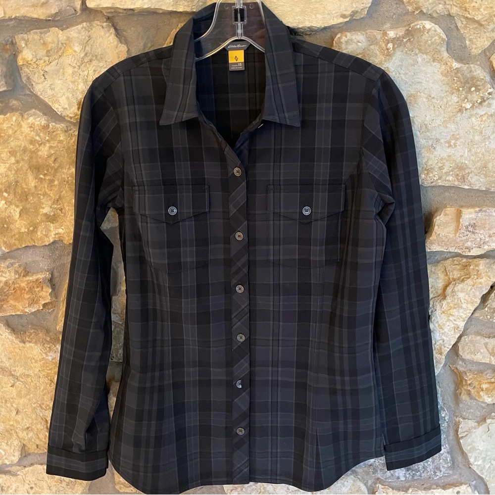 Eddie Bauer Travex Departure Shirt, Dk Gray Plaid, XS